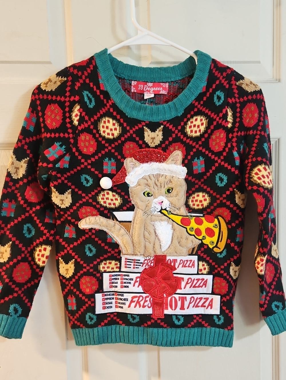 33 DEGREES YOUTH CHRISTMAS PIZZA CAT SWEATER:BLACK/GREEN:NEW WITH TAGS: XL (7)